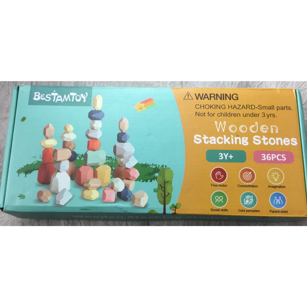 BESTAMTOY NEW 36 PCS WOODEN EDUCATIONAL STACKING BALANCING STONES ROCKS